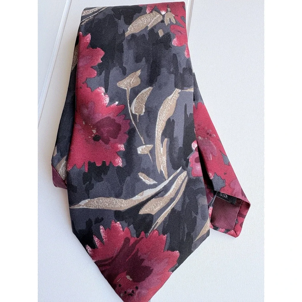 ZYLOS George Machado 100% Italian Silk Tie Abstract Watercolor Floral Red Black